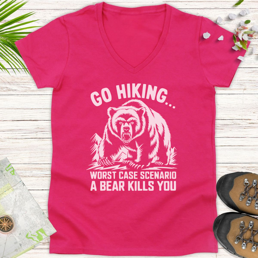 Go Hiking Women's V-Neck T-Shirt - Heliconia