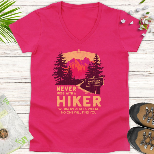 Never Mess With Hikers Bright Edition Women's V-Neck T-Shirt - Heliconia