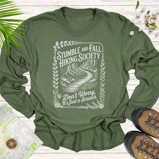 Vintage Stumble And Fall Hiking Society Long Sleeve Unisex T-Shirt - Hemp