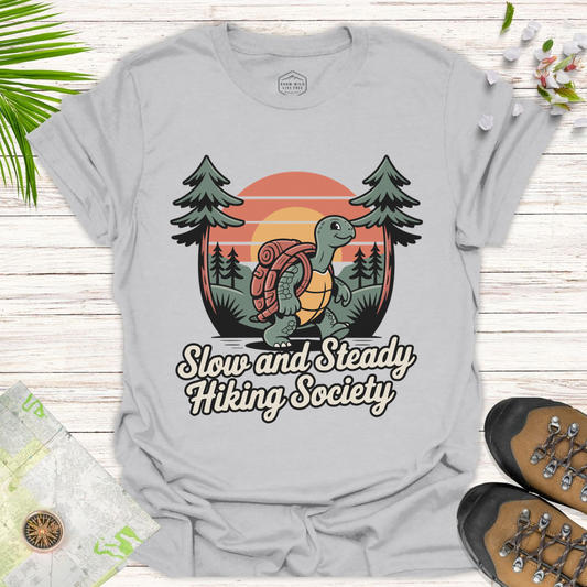 Tortoise Slow And Steady Hiking Society Unisex T-Shirt - Ice Grey