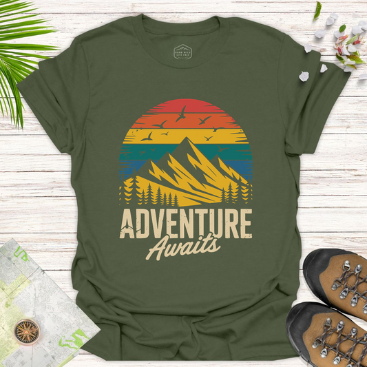 Adventure Awaits Sunset Unisex T-Shirt - Military Green