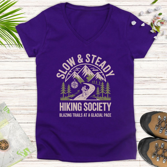 Slow And Steady Hiking Society Women's V-Neck T-Shirt - Purple
